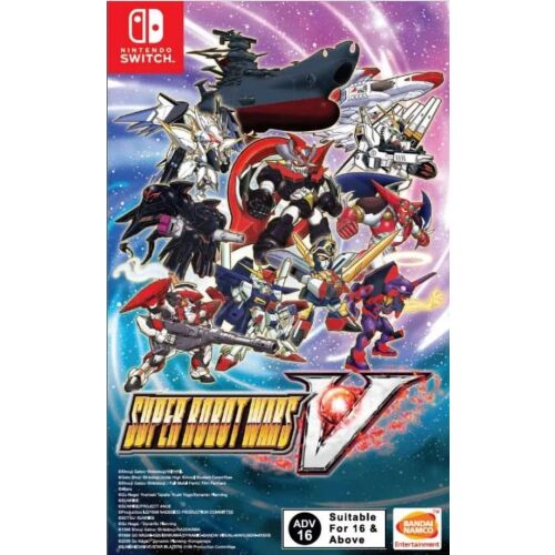 Super Robot Wars V Nintendo Switch játék borítója, robotokkal és űrhajókkal - Konzol játék