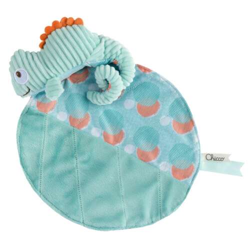 Chicco Chameleon Doudou, soft plush security blanket for babies, green and orange, with a chameleon toy