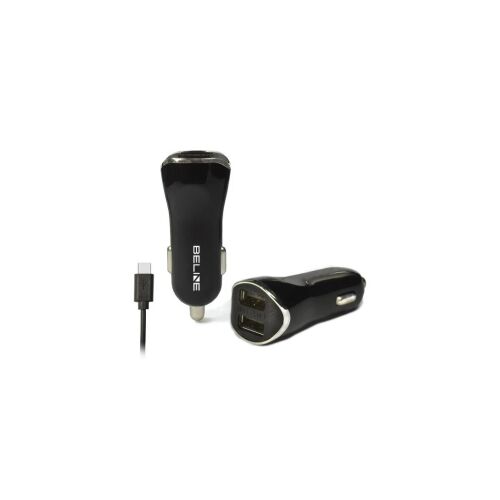 Beline 2xUSB + USB-C autós töltők, fekete, szögletes nézet - Autós töltő
