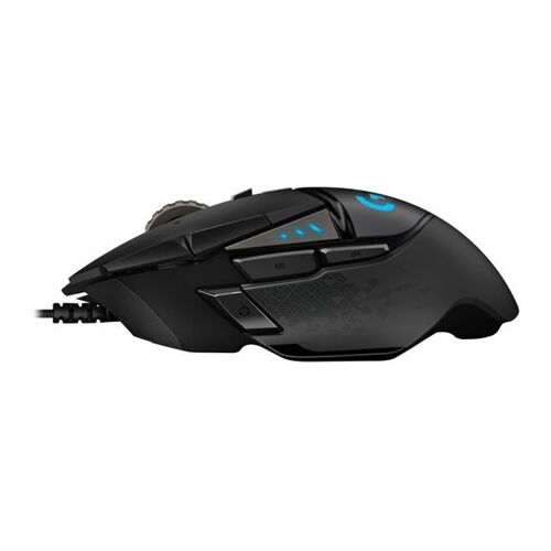 Side view of Logitech G502 HERO wired gaming mouse, black, with customizable buttons