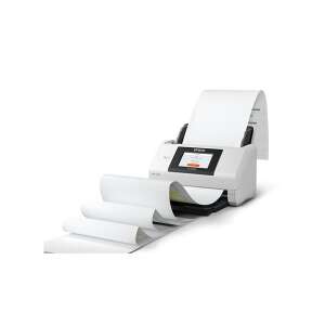 Скенер за документи Epson WorkForce DS-790WN, показващ автоматичния подавач на документи (ADF) с хартия, подавана навън - Скенер