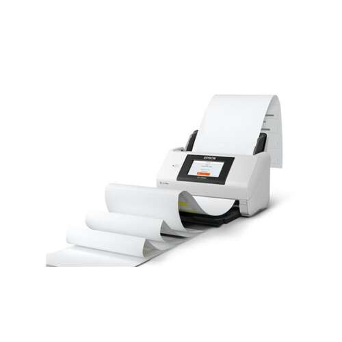 Скенер за документи Epson WorkForce DS-790WN, показващ автоматичния подавач на документи (ADF) с хартия, подавана навън