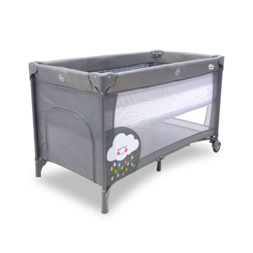 Smooth travel cot with raised sleeping area, grey color, cloud pattern, zippered entrance, for babies 0-15kg