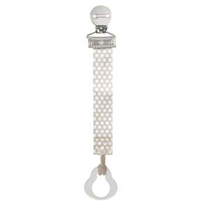 Beige and white polka dot pacifier clip with a silver clip and a silicone ring - Feeding