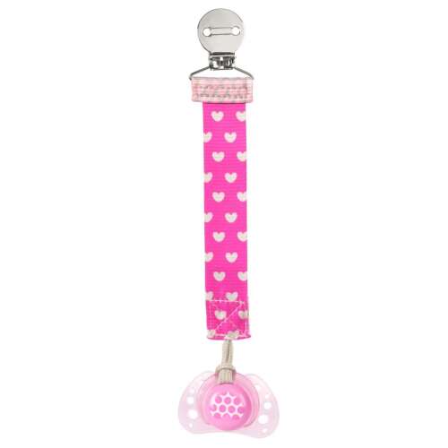 Pink pacifier clip with white hearts, Chicco brand, for babies