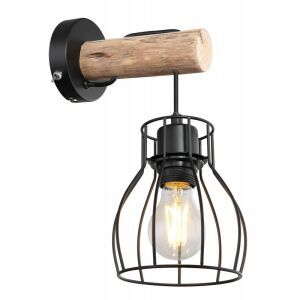 Globo Mina wall light with black metal cage and wood accent - Wall Lamp