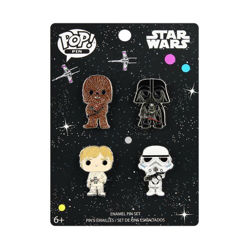 Funko POP! Star Wars zománc kitűző szett 4 darabos, Luke Skywalkerrel, Chewbaccával, Darth Vaderrel és rohamosztagossal. - Kitűző és jelvény