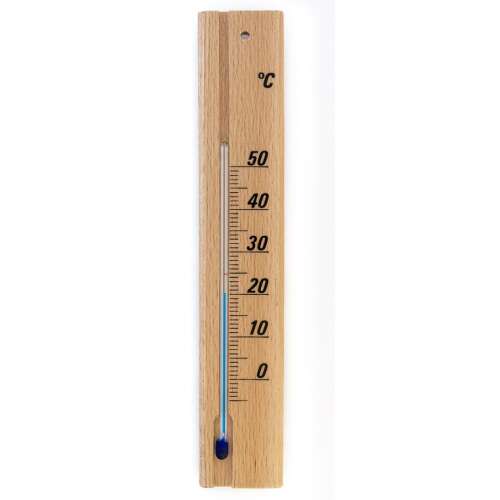 Wooden room thermometer with a natural finish, measuring from -5 to +50 degrees Celsius