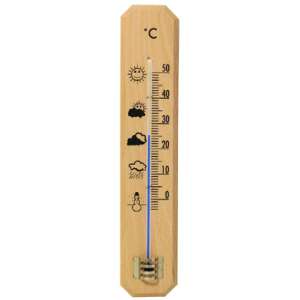 Drevený izbový teplomer s Celziovou stupnicou, zobrazujúci ikony počasia pre rôzne teploty - Izbové teplomery