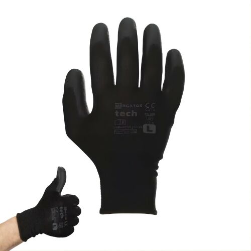 MERCATOR tech black+black PU mártott kesztyű M (12db/csomag) 155592377 - Munkavédelmi kesztyű