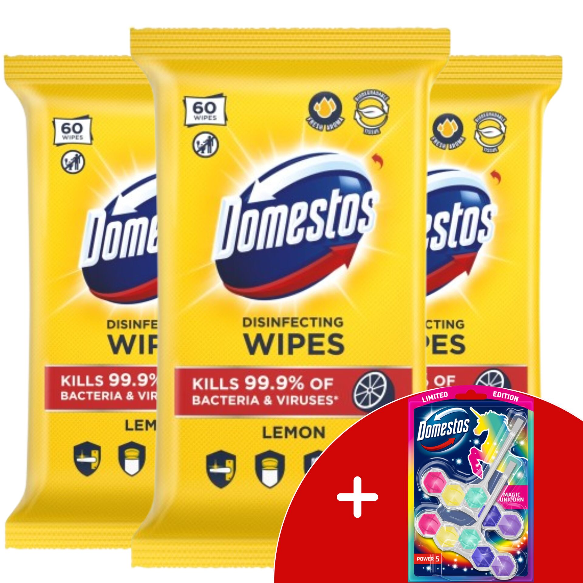 E-shop Domestos Hygienické utierky Lemon 3x60 ks + DARČEK Domestos Power...