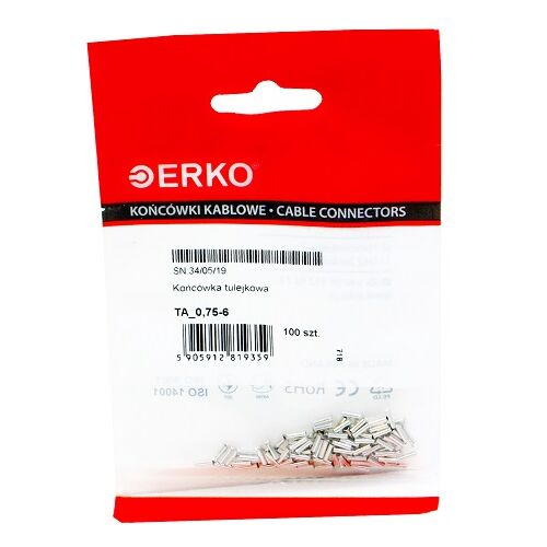 ERKO TA 0.75-6 szigeteletlen kábelvéghüvely, 100 db, biztonságos elektromos csatlakozásokhoz - Kábel érvéghüvely