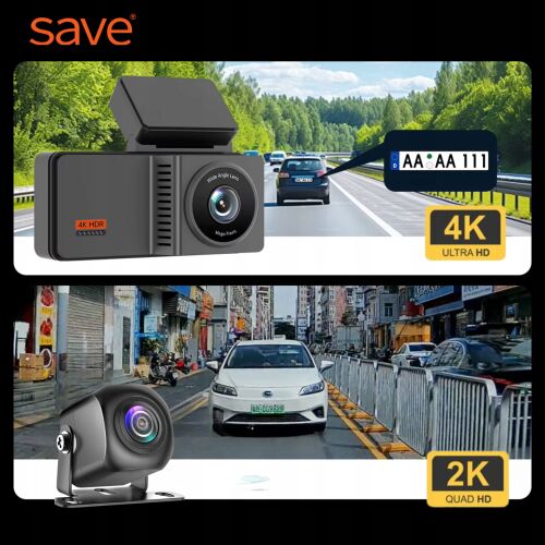 SAVE 4K UHD fedélzeti kamera 2K tolatókamerával, elöl és hátul nézet, rendszám rögzítés - Menetrögzítő kamera