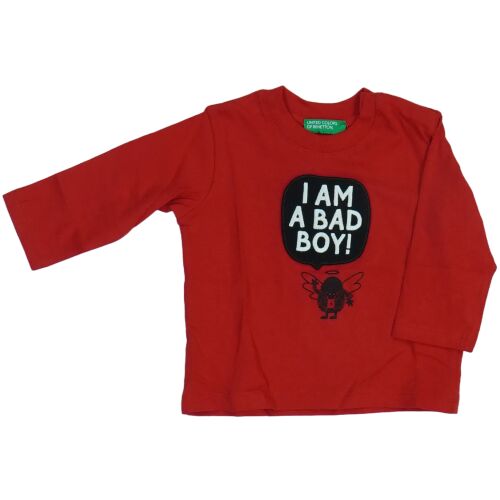 Benetton piros hosszú ujjú póló kisfiúknak, 'I AM A BAD BOY' démon mintával - Gyerek hosszú ujjú póló