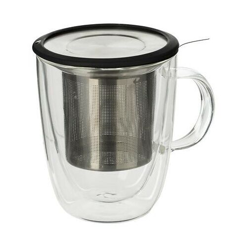 Cléa 300ml-es dupla falú üveg teás bögre rozsdamentes acél szűrővel és fedővel - Bögre