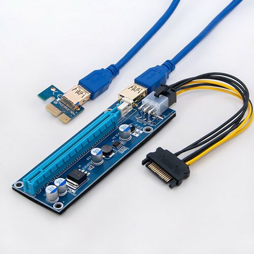 Qoltec PCI-E 1x - 16x Riser USB 3.0 kábellel és SATA tápadapterrel fehér háttéren - Express kártya