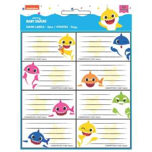 Baby Shark füzetcímke, 16 db-os,  személyre szabható címkék az iskolai felszerelésekhez,  gyerek névcímkék,  iskolai címkék,  szép címkék,  cápa címkék - Füzetcímke