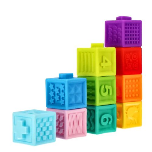 BamBam colorful rubber blocks stacked in a pyramid shape, baby development toy