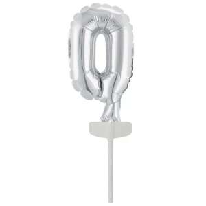Srebrny balon foliowy w kształcie cyfry 0 na tort, 13 cm - Amscan