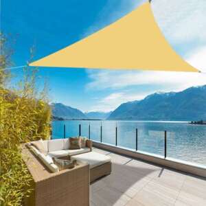 Timeless Tools beige triangular sun sail, 3.6x3.6x3.6m, providing shade for patios, gardens, and playgrounds, with ropes for easy installation - Shade Sail