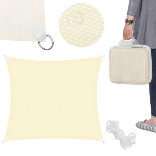 Kollázs a Springos bézs napvitorla jellemzőiről: sarokrészlet, vízállóság, csomagolás és vitorla.