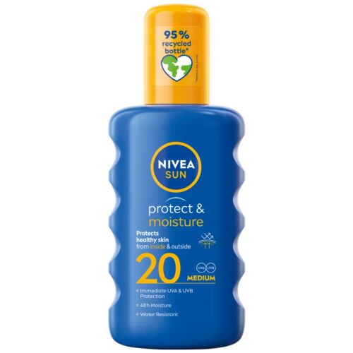 Nivea Sun Protect & Moisture SPF 20 spray. 95%-ban újrahasznosított palack. Azonnali UVA és UVB védelem - Fényvédő krém és naptej