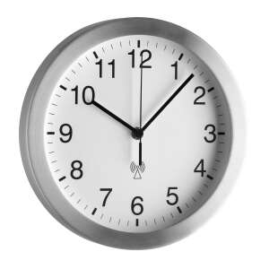 Zegar ścienny sterowany radiowo z aluminiową ramką, średnica 25 cm, biała tarcza