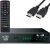 Dekóder DVB-T2 digitális TV vevő távirányítóval és HDMI kábellel, szögletes nézet a előlapról USB porttal és kijelzővel