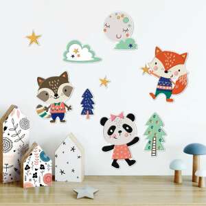 Marko Falidekor 3D állatos falmatrica, rajta mosómedve, róka, panda, fák, csillagok és hold, tökéletes gyerekszobákba - Marko