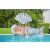 People with Bestway inflatable seashell, mermaid tail, and swim ring in pool.