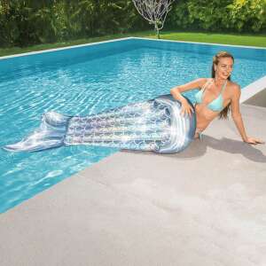 Woman relaxing on Bestway mermaid tail pool float by the pool. - Bestway Beach mattress