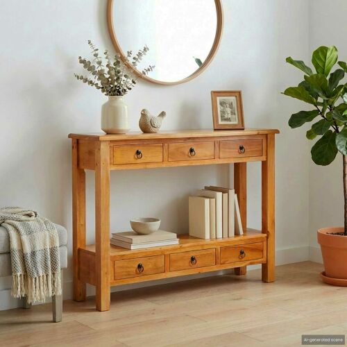 vidaXL Konzolasztal Természetes 115 x 32 x 76 cm Tömör Mahagóni Fa