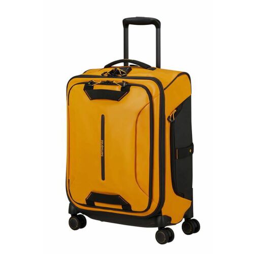 Szögletes nézet a Samsonite Ecodiver sárga spinner duffle bőröndről. - Divat és öltözködés