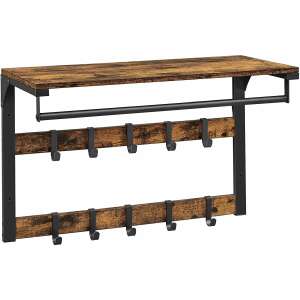 Suport de haine din lemn rustic maro cu raft și cârlige, 65 x 42 x 30 cm - Umerașe