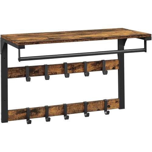 Suport de haine din lemn rustic maro cu raft și cârlige, 65 x 42 x 30 cm