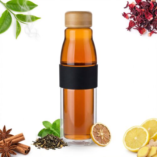 Kollázs ÜVEG ÖKO TERMÁLVIZES PALACK 450 ml-ről teával és összetevőkkel - Kulacs