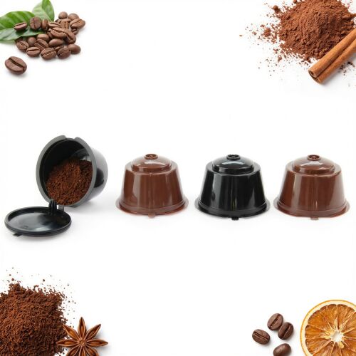 Kollázs NESCAFÉ DOLCE GUSTO újrahasználható kávékapszulákkal, kávébabokkal és őrleményekkel - Újratölthető kávékapszula