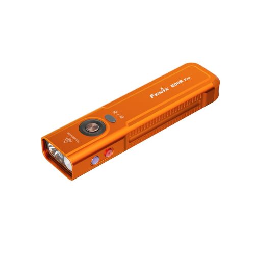 Narancssárga Fenix E06R Pro zseblámpa, kompakt EDC LED lámpa, szögletes nézet 