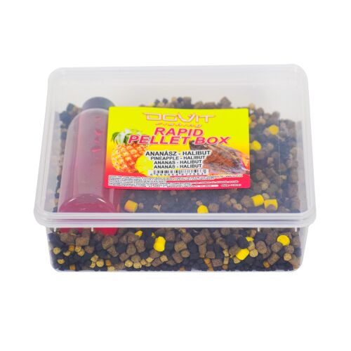Dovit Rapid Pellet Box Medium 450g + 150ml ananász-halibut ízű, horgász csali pellet - Etető pellet