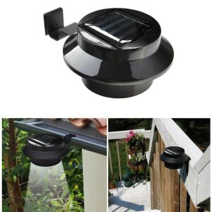 Collage of black solar gutter lights mounted on a gutter and fence. - Solar lantern