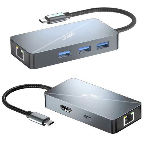POLION USB-C Hub 3 USB-A porttal, USB-C Power Delivery-vel, RJ45 Ethernet-tel és HDMI porttal. Multifunkciós adapter laptopokhoz és tabletekhez. - USB elosztó