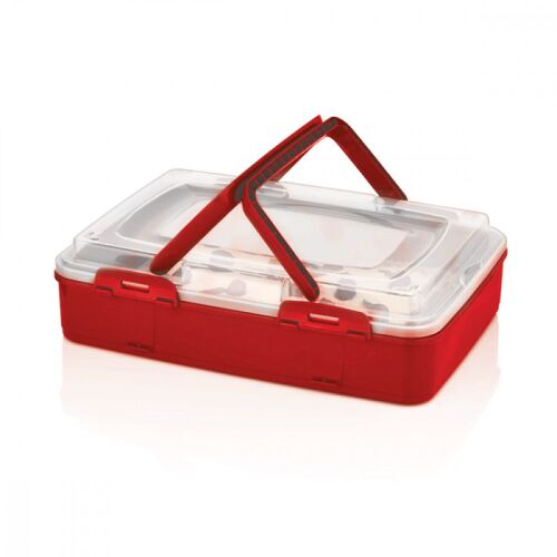 Party Box 1x8 liter, piros műanyag ételtároló doboz átlátszó fedővel és fogantyúval - Ételtárolás