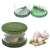 Green garlic press with stainless steel blades, garlic cloves and minced garlic