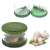 Green garlic press with stainless steel blades, garlic cloves and minced garlic