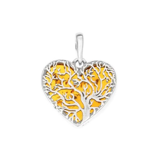 Siju ezüst szív medál borostyánnal, oxidált életfa mintával. Elegáns amulett ékszer. - Női medál