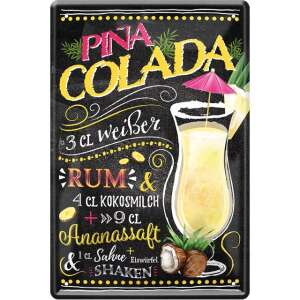 Pina Colada koktél recept fémtábla, 20 x 30 cm, fekete háttér, sárga és fehér szöveg, Pina Colada koktél illusztráció - Fémtábla