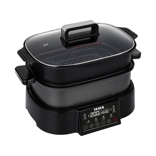 TESLA MultiCook M90 Grill, multifunkciós főzőedény üvegfedővel, 3/4 nézet - Tesla