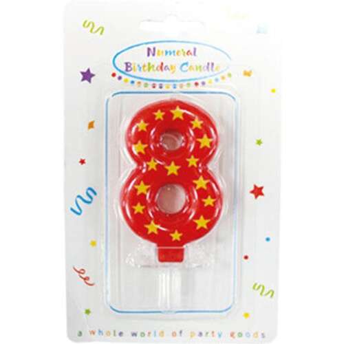 Rote Zahl 8 Geburtstagskerze mit gelben Sternen, Zifferkerze