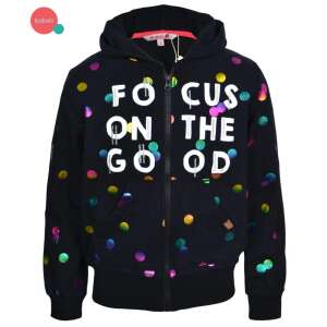 Čierna mikina boboli so zipsom, s farebnými bodkami a nápisom 'FOCUS ON THE GOOD', pre dievčatá - Boboli