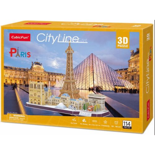 CubicFun CityLine Párizs 3D puzzle doboz, Eiffel toronnyal, Louvre-ral és Arc de Triomphe-fal - 3D puzzle